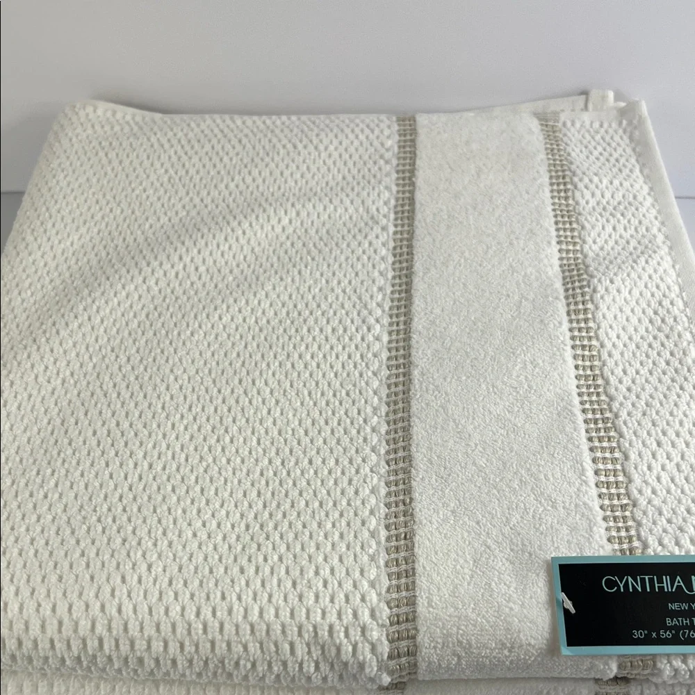 Cynthia Rowley Bath Towels Off White with Tan Stripes Soft Cotton Set of 2 NEW